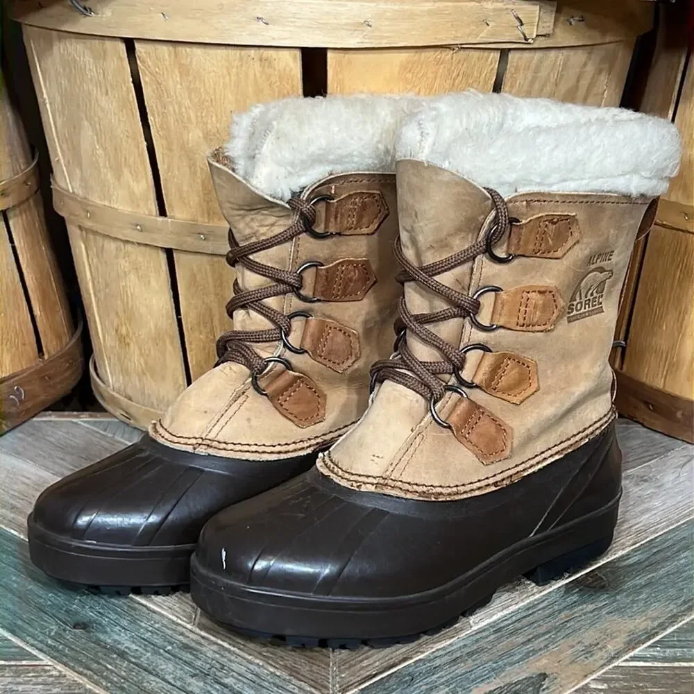 Sorel Alpine Tan Leather Faux Fur Waterproof Vintage Snow Boots Womens Size 6
